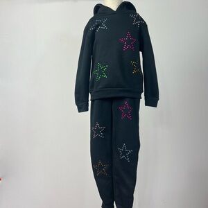 Dream Star Girls 2-Piece Black Hoodie & Jogger Set Rhinestone Stars